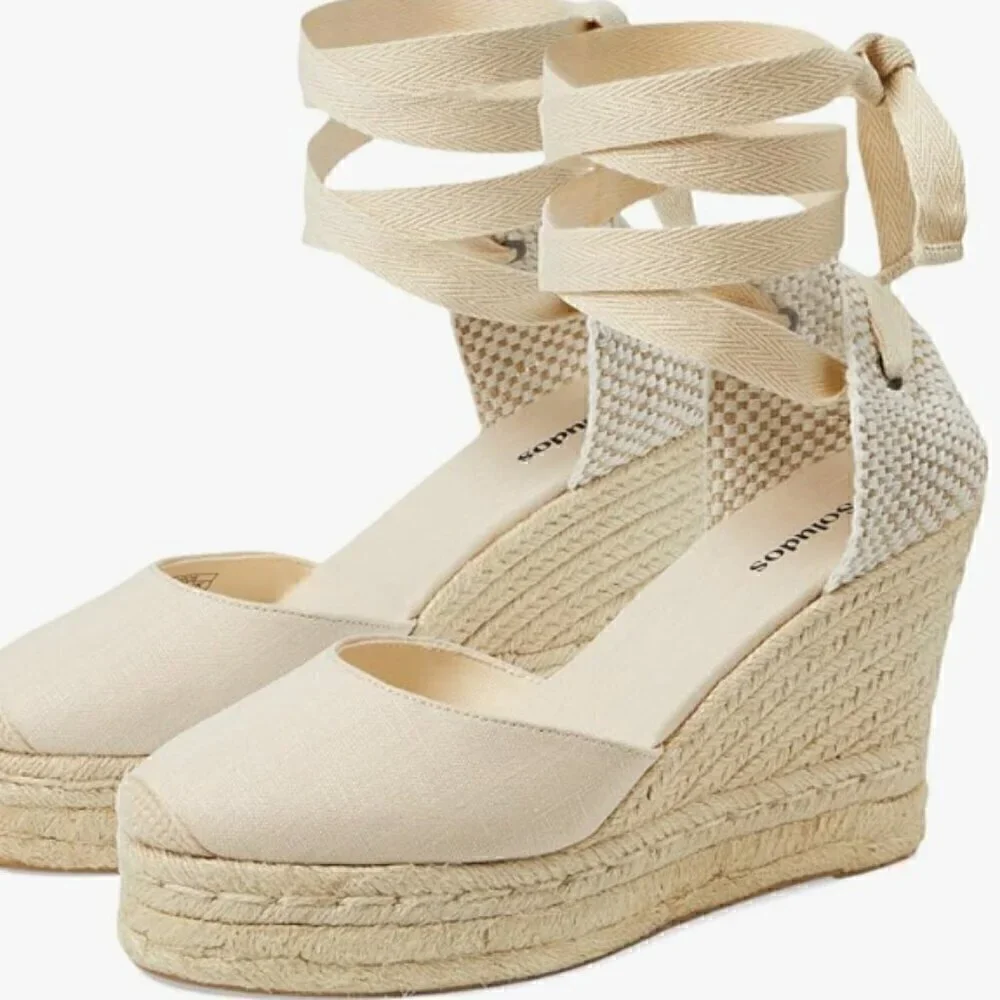 Saludos Light Denim Wrap Ankle Strap Platform Wedge Espadrille Size 8